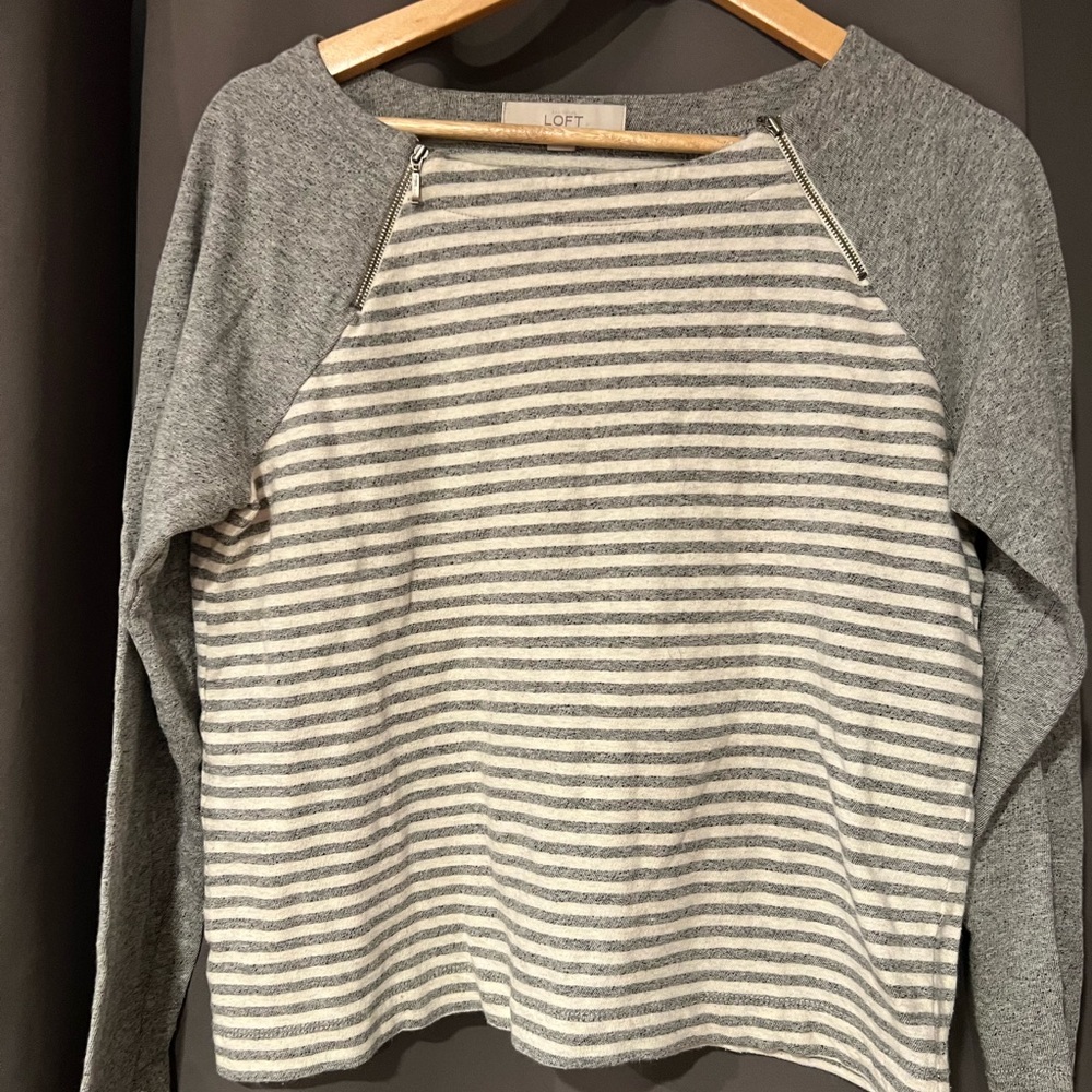LOFT Gray and White Striped Sweatshirt